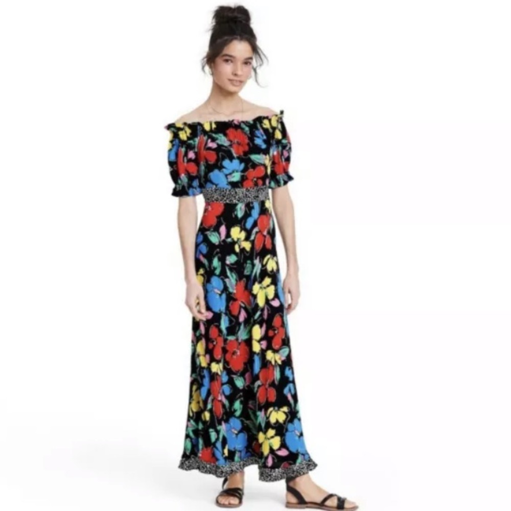Rixo For Target Dress Size 6 Off The Shoulder Puff Sleeve Maxi Floral Print NWT